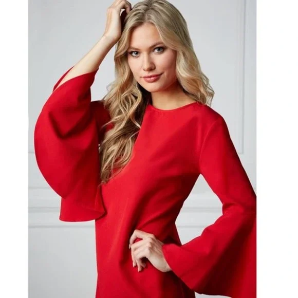 MUD PIE Red Poinsettia Brooks Bell Sleeve Dress Size Small - Picture 2 of 12